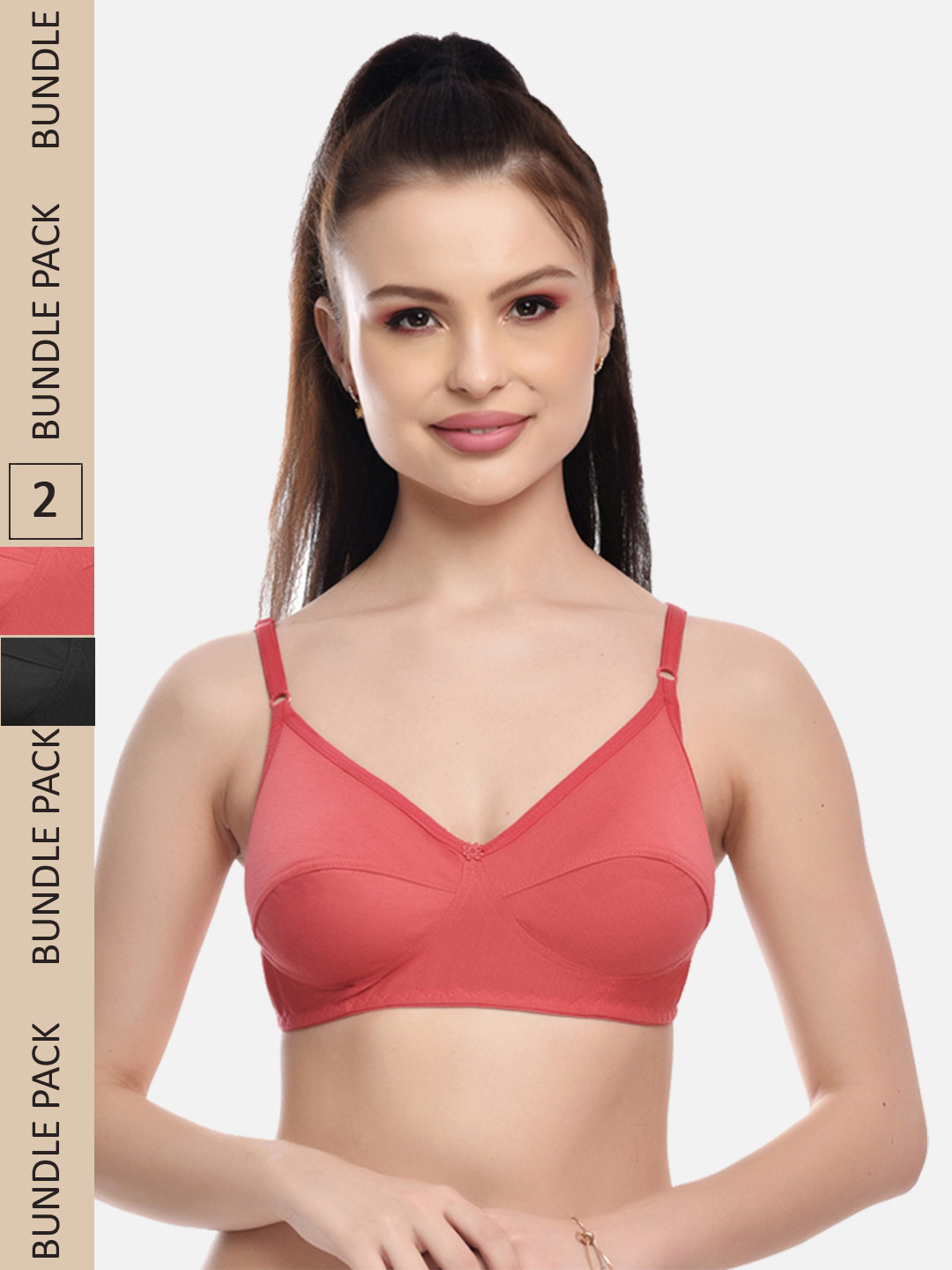 FIMS Women Pack of 2 Black & Pink Solid Cotton Non Padded Bra