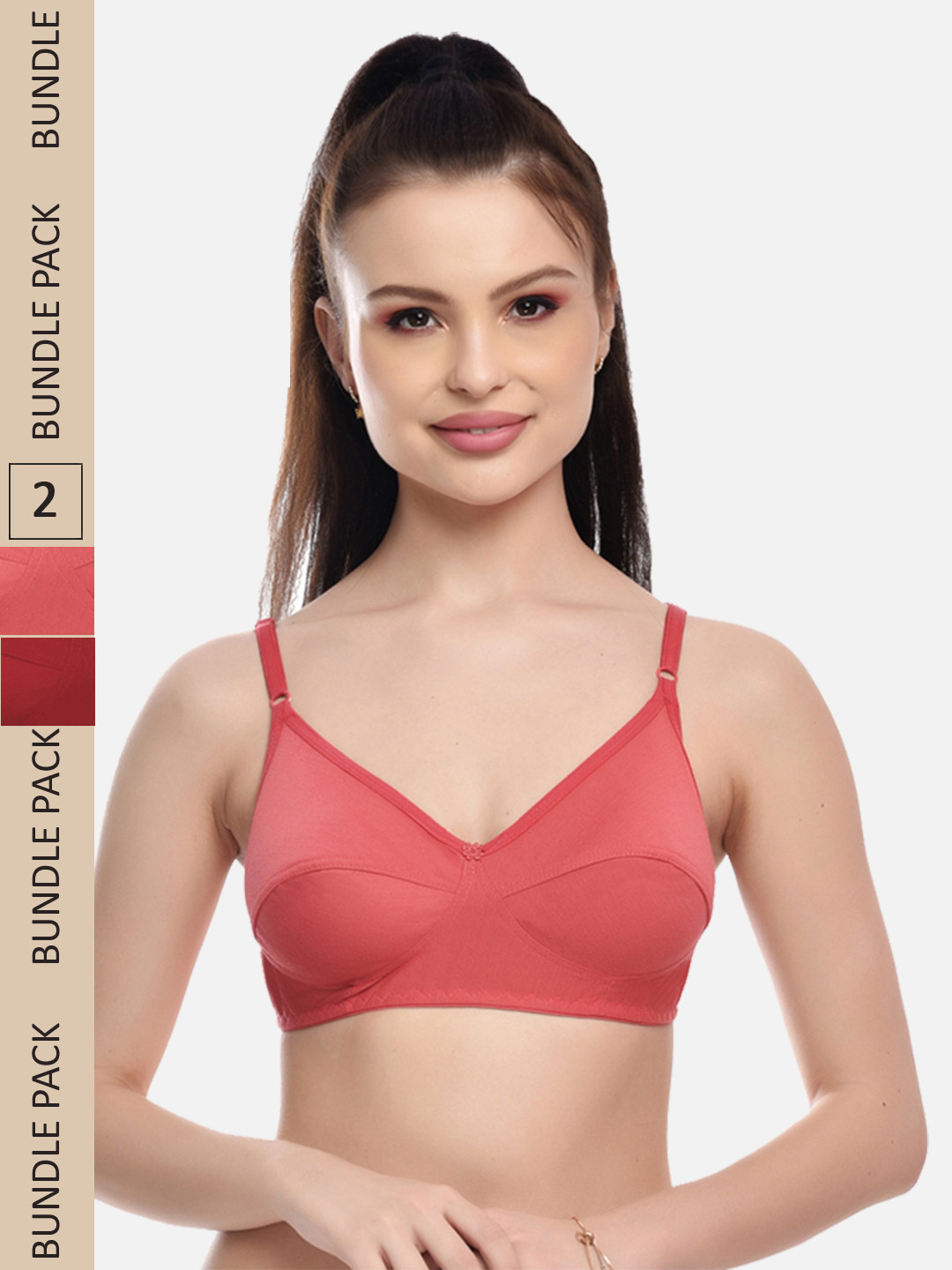 FIMS Women Pack of 2 Orange And Maroon Cut And Sew Seam Full Coverage Cotton Bra