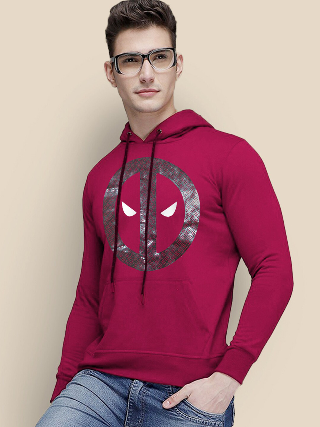 Free Authority Men Red Deadpool Printed Hooded Sweatshirt