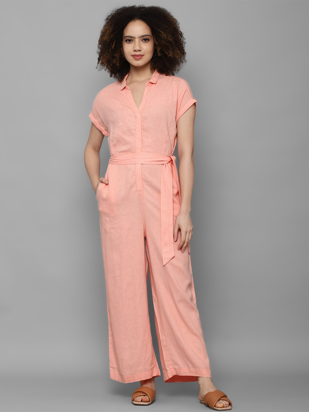 Allen Solly Woman Peach-Coloured Linen Basic Jumpsuit