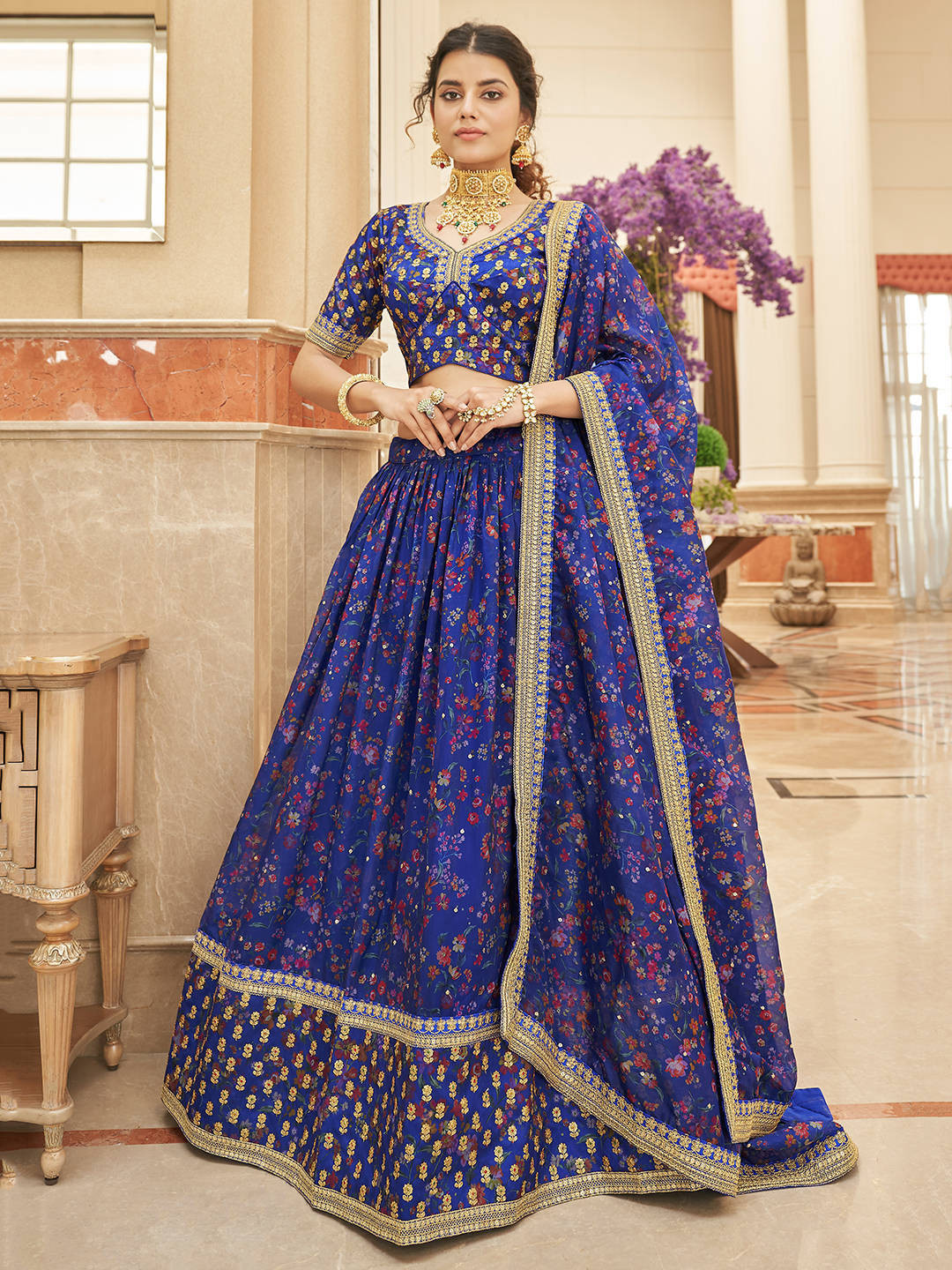 FABPIXEL Women Blue & Gold Embroidered Semi-Stitched Lehenga Unstitched Blouse Set