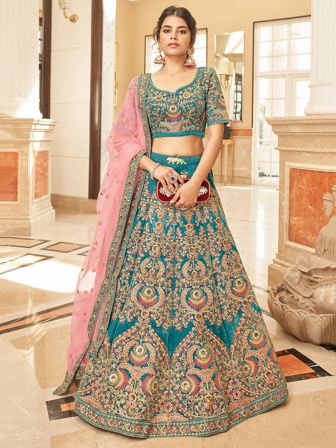 FABPIXEL Teal & Pink Embroidered Thread Work Semi-Stitched Lehenga & Unstitched Blouse With Dupatta