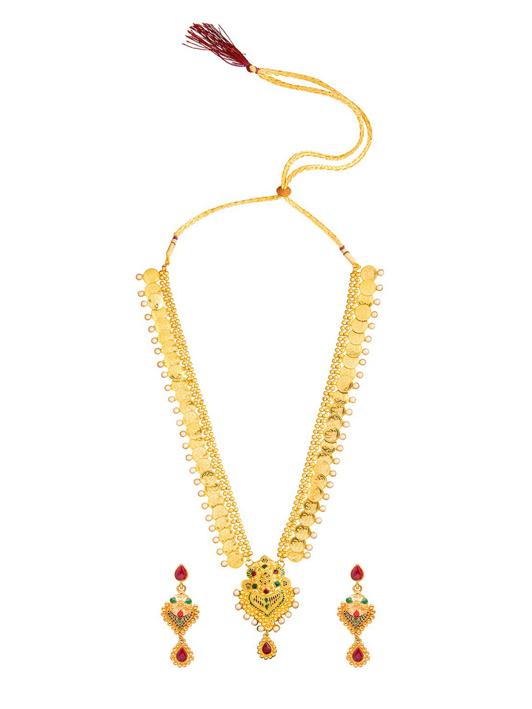 Shining Jewel - By Shivansh Gold-Plated Brass Temple Necklace With Earrings