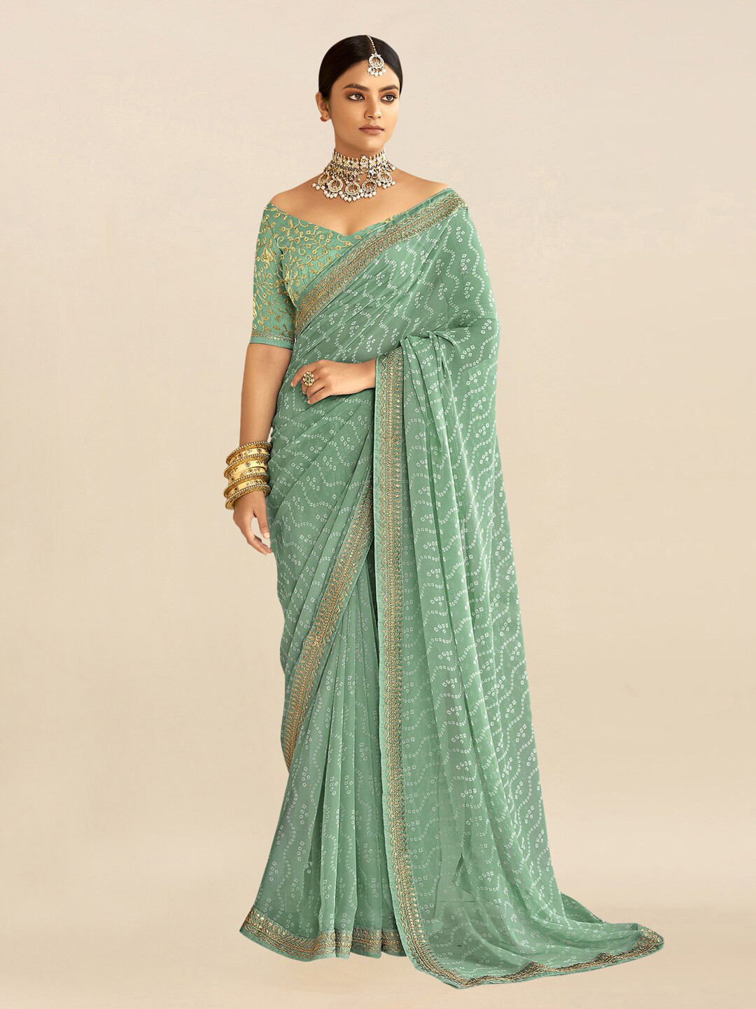 Mitera Sea Green & White Embroidered Pure Georgette Bandhani Saree