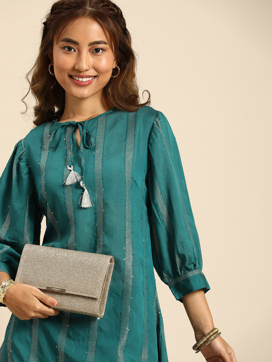 Sangria Women Jacquard Chanderi Silk Tie-Up Neck Puff Sleeves Kurta With Sequin Detail