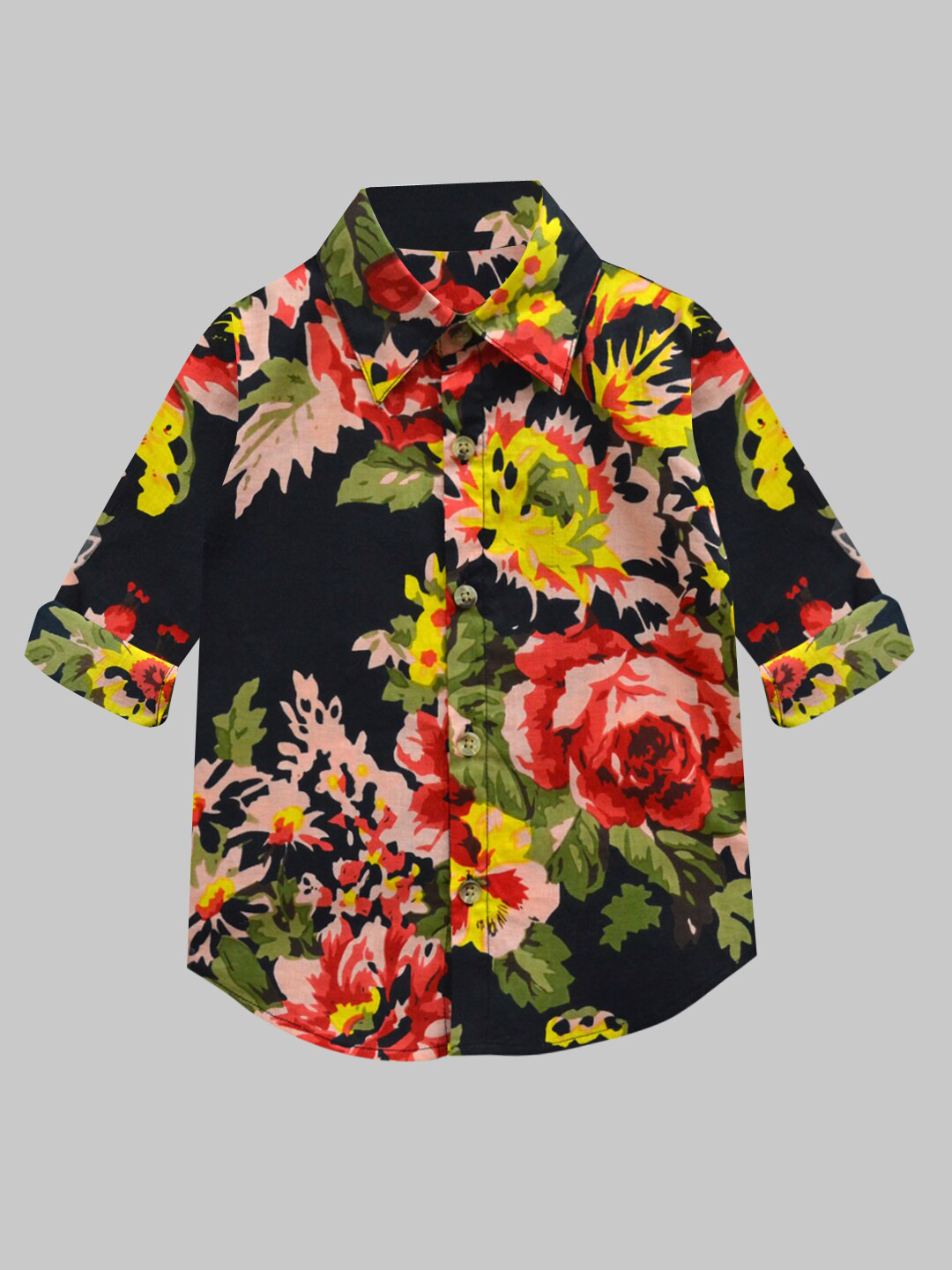 A T U N Boys Black Classic Regular Fit Floral Printed Casual Shirt