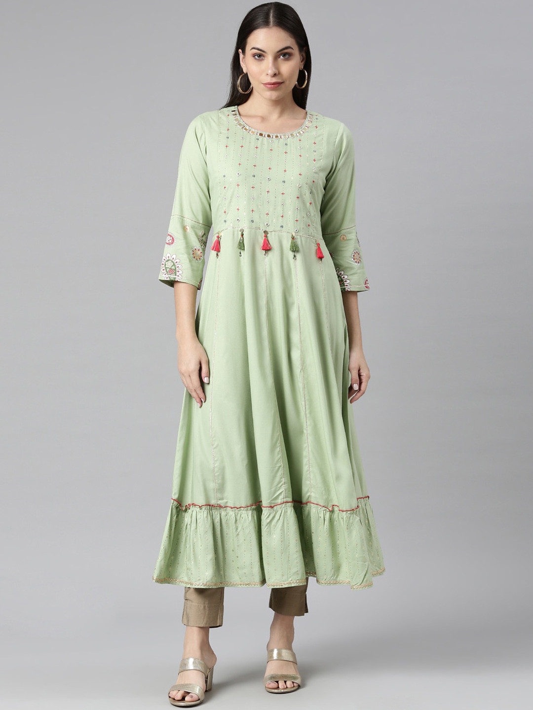 Neerus Women Green & Pink Floral Embroidered Flared Sleeves Anarkali Kurta