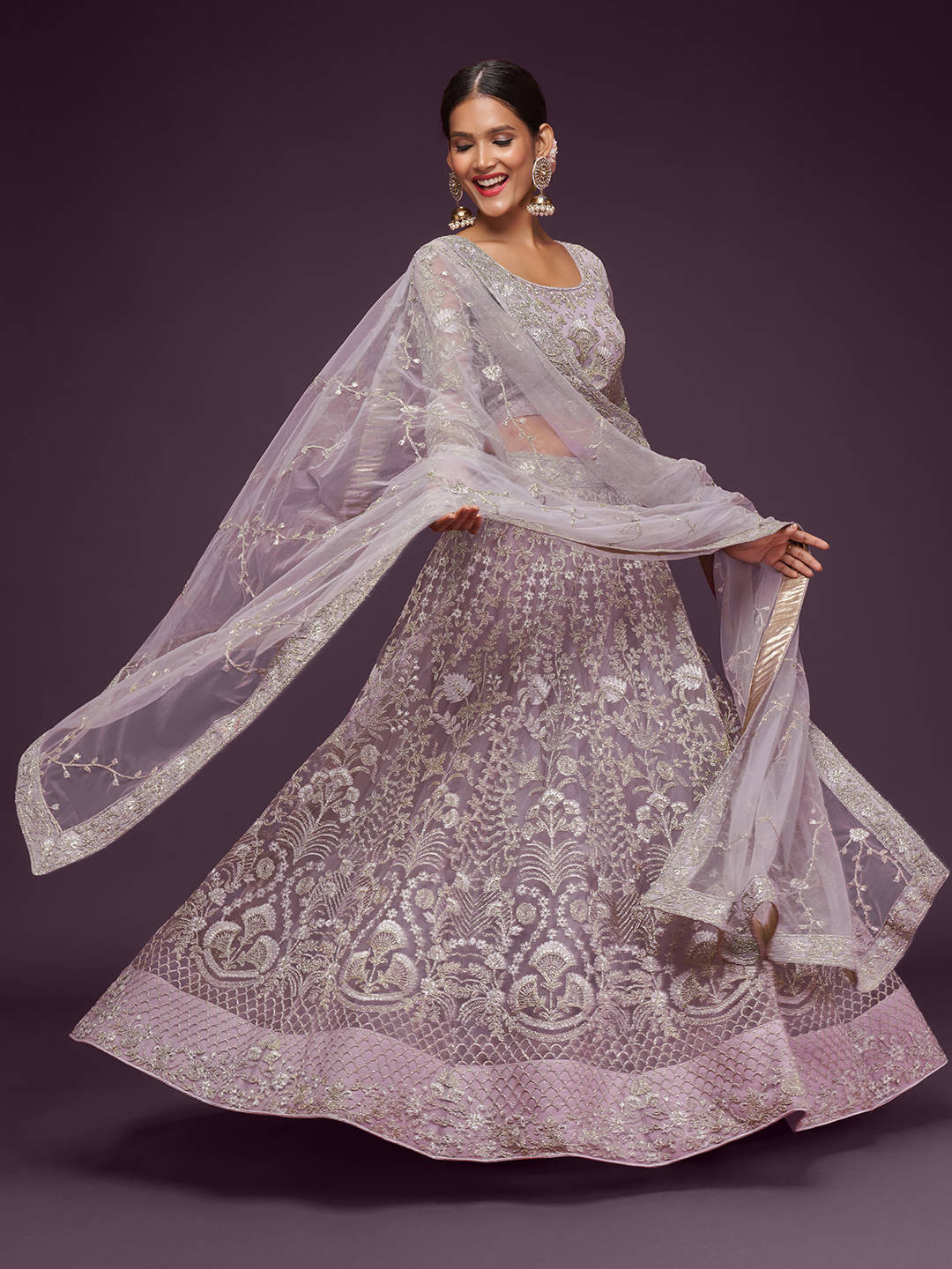 FABPIXEL Mauve Embroidered Semi-Stitched Lehenga & Unstitched Blouse With Dupatta