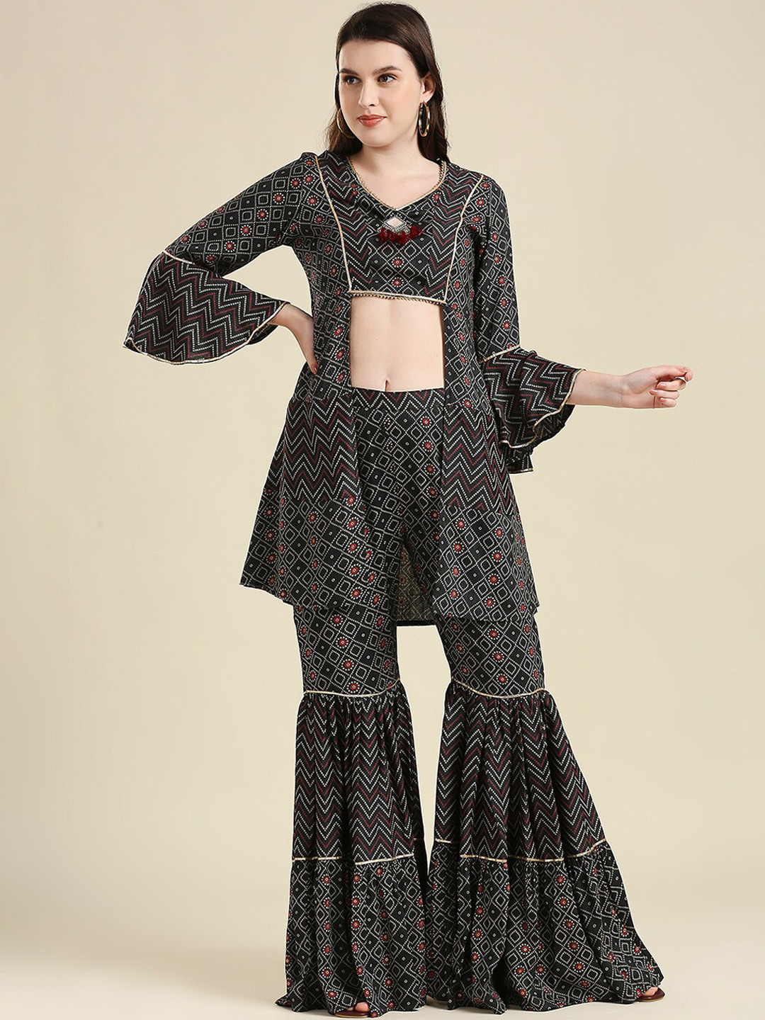 MADHURAM Women Black Printed Gotta Patti Kurta with Sharara