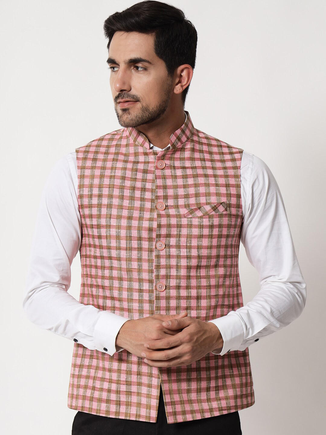 Vastraa Fusion Men Pink & Green Checked Woven Nehru Jackets