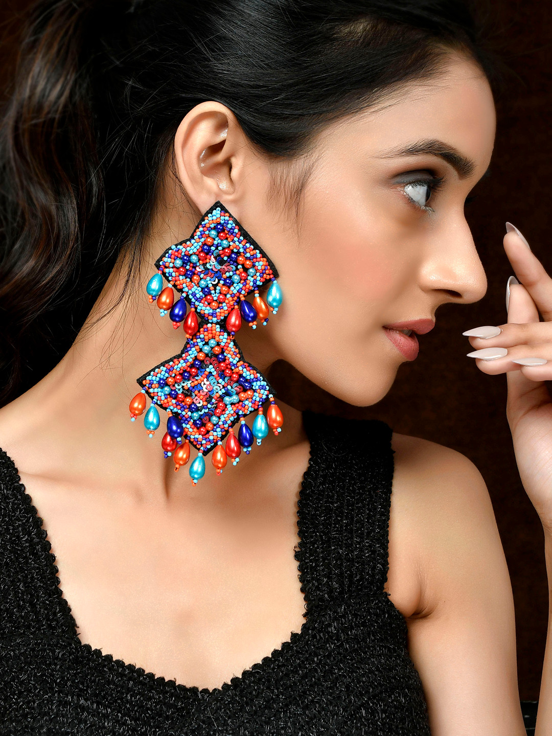 Shoshaa Blue & Red Star Shaped Fabric drop earrings