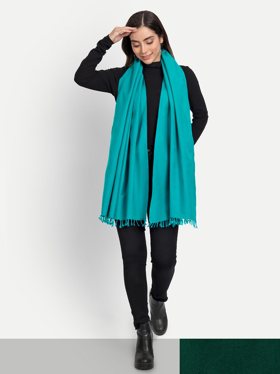 Alavya Women Pack of 2 Sea Green & Green Solid Acrylic Stoles with Tassels