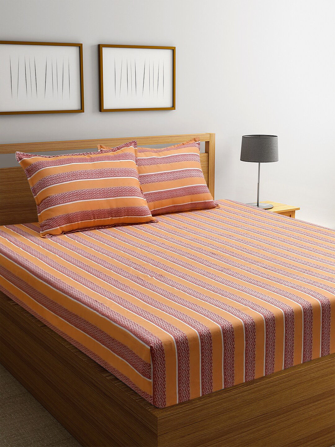 BLANC9 Diwali Collections Orange Striped Cotton Skin-Friendly 150 TC Queen Bedsheet with 2 Pillow Covers-270 x 230 cm