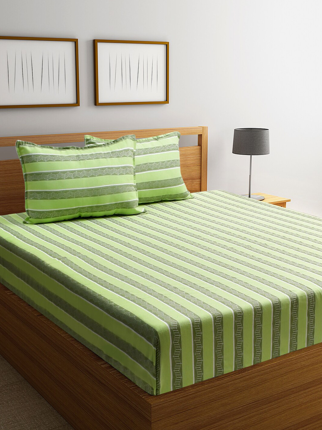 BLANC9 Diwali Collections Green Striped Cotton 150 TC Queen Bedsheet with 2 Pillow Covers-106 x 91 inches