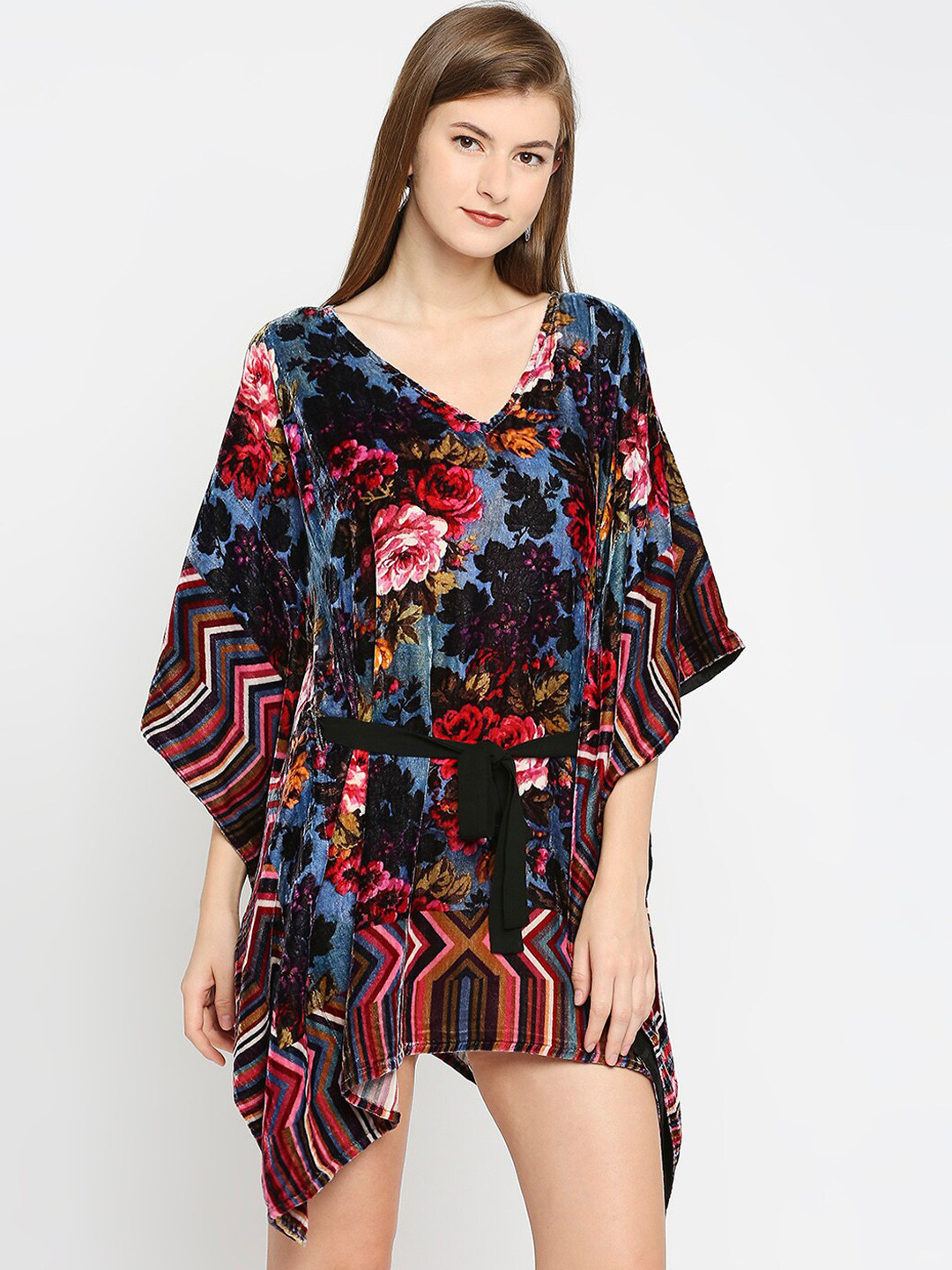 Cloth Haus India Women Black & Red Floral Printed Flared Sleeves Velvet Short Kaftan