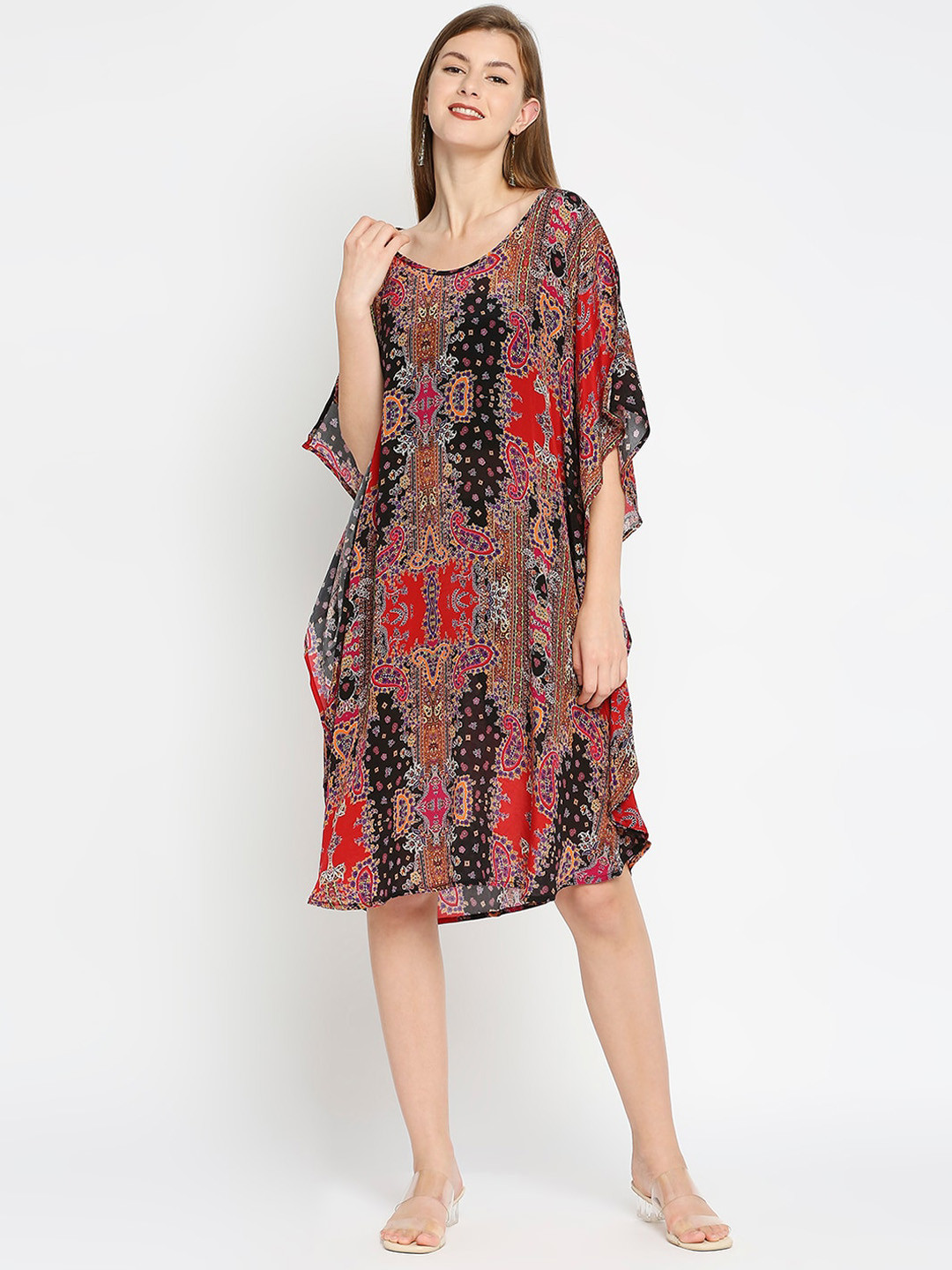 Cloth Haus India Black & Red Ethnic Motifs Kaftan Dress