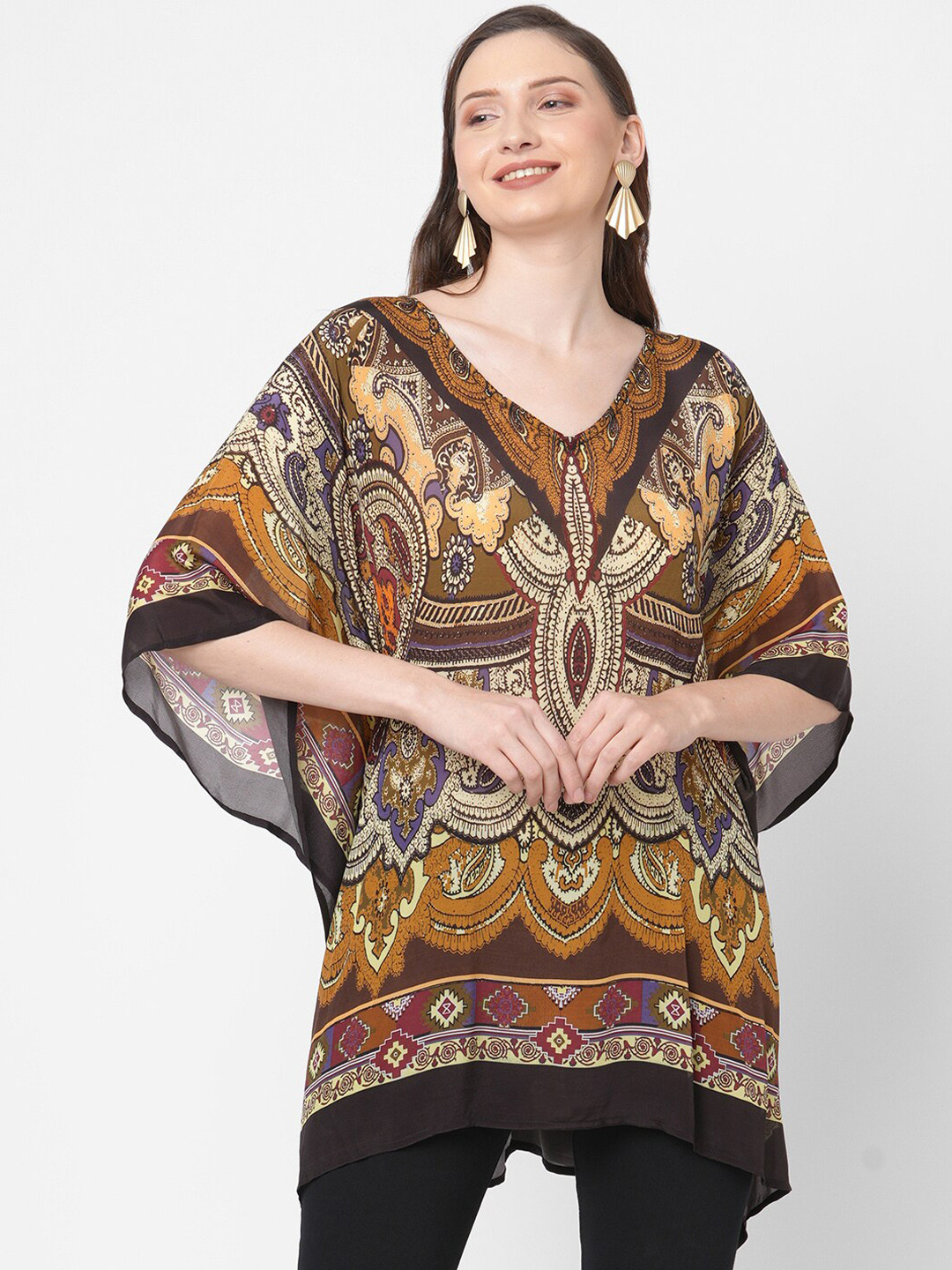 Cloth Haus India Women Brown Printed Flared Sleeves Short Kaftan