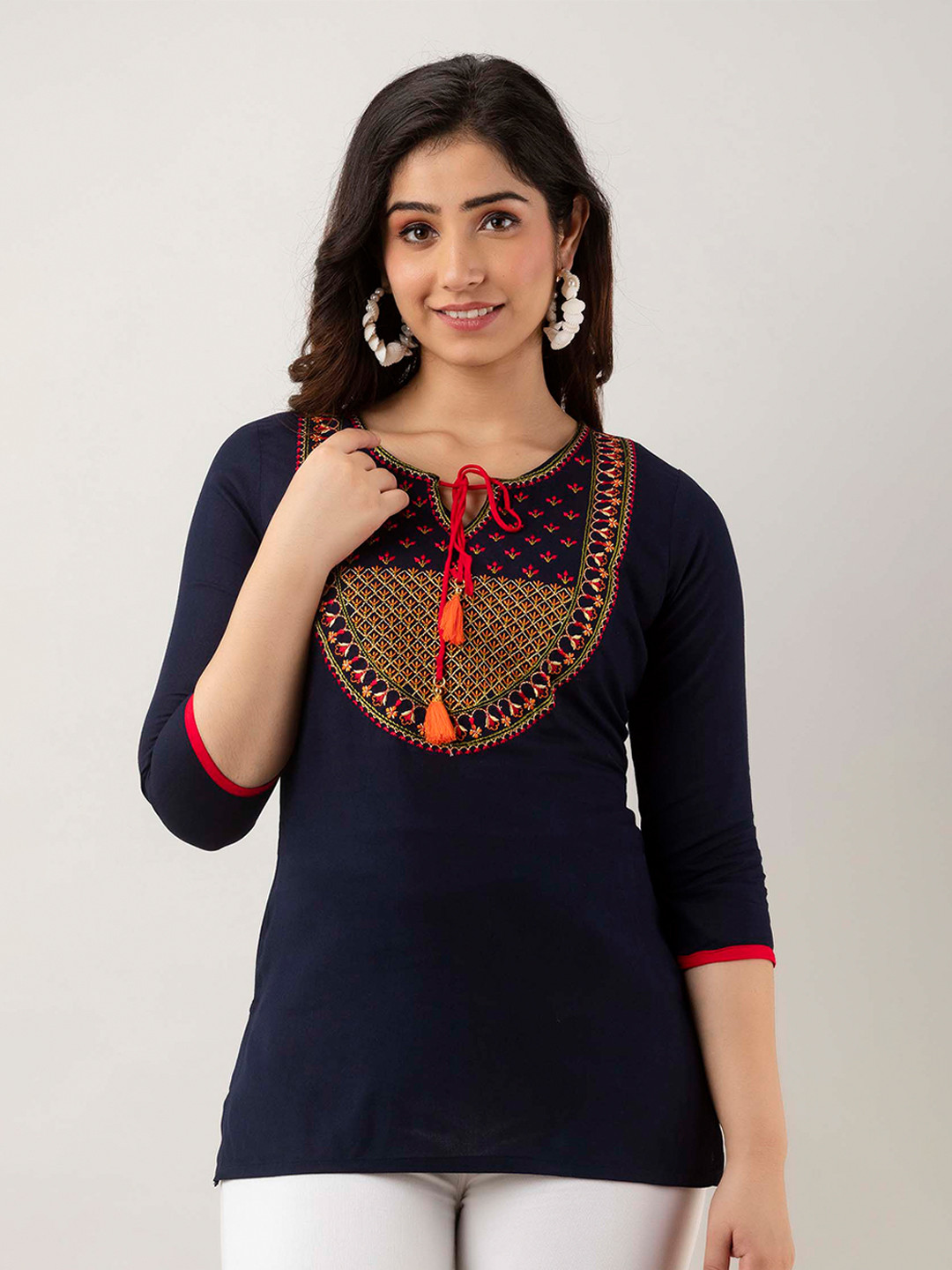 FASHION DEPTH Women Navy Blue Embellished Lace Top