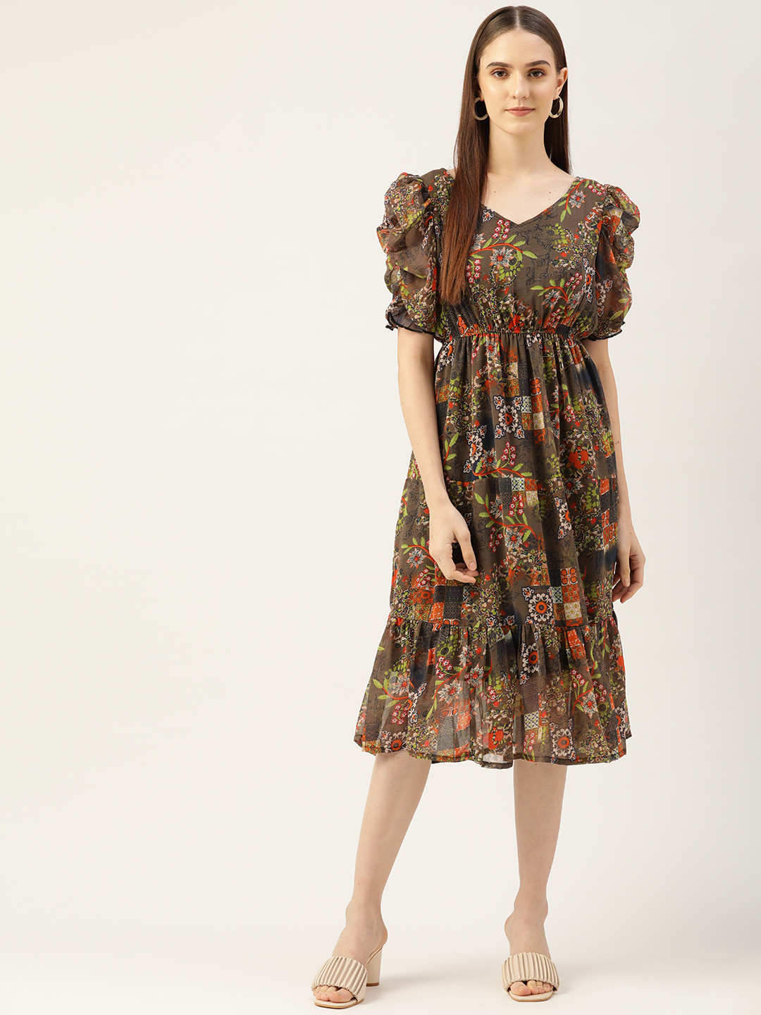 WISSTLER Floral Puff Sleeves Midi Dress