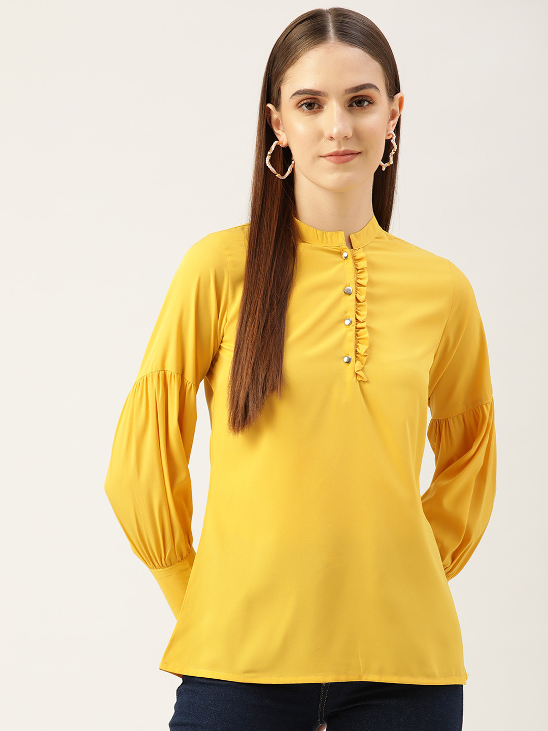 WISSTLER Yellow Mandarin Collar Crepe Shirt Style Top
