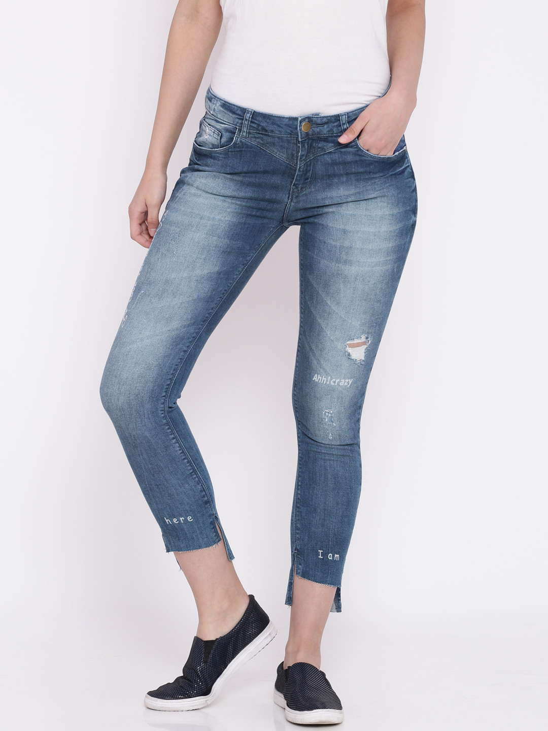 Buy Ginger By Lifestyle Women Blue Mid Rise Low Distressed