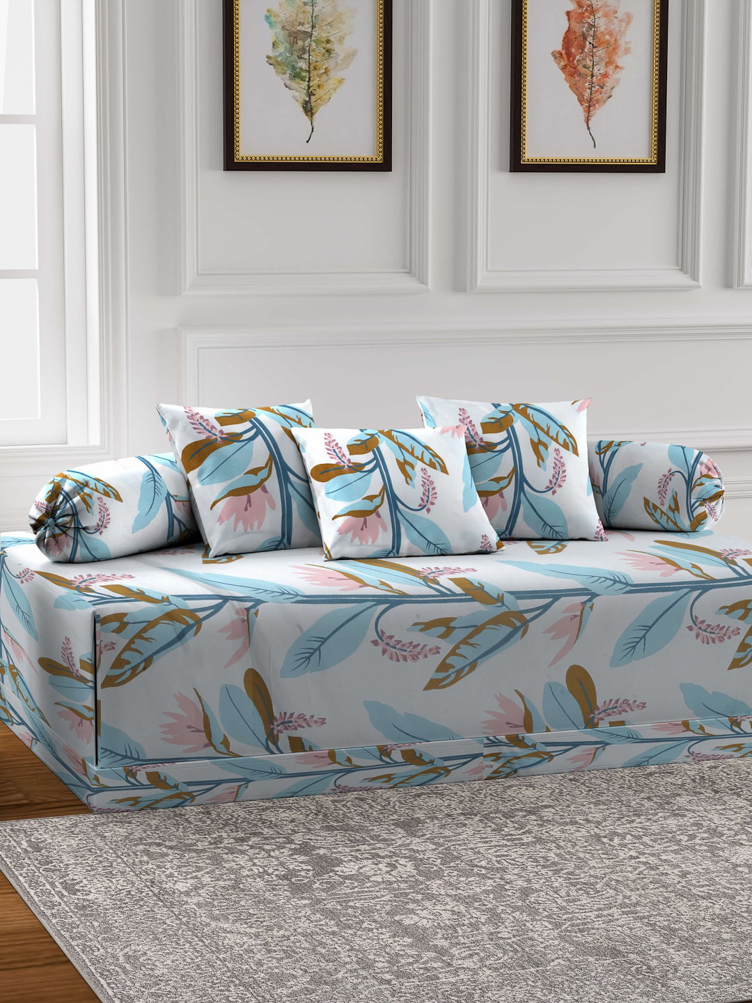 Arrabi Set of 6 Teal-green and white Leaf TC Cotton Blend Diwan Set