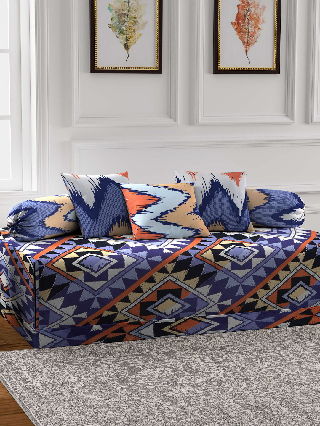Arrabi 6 Pieces Blue Geometric Diwan Set