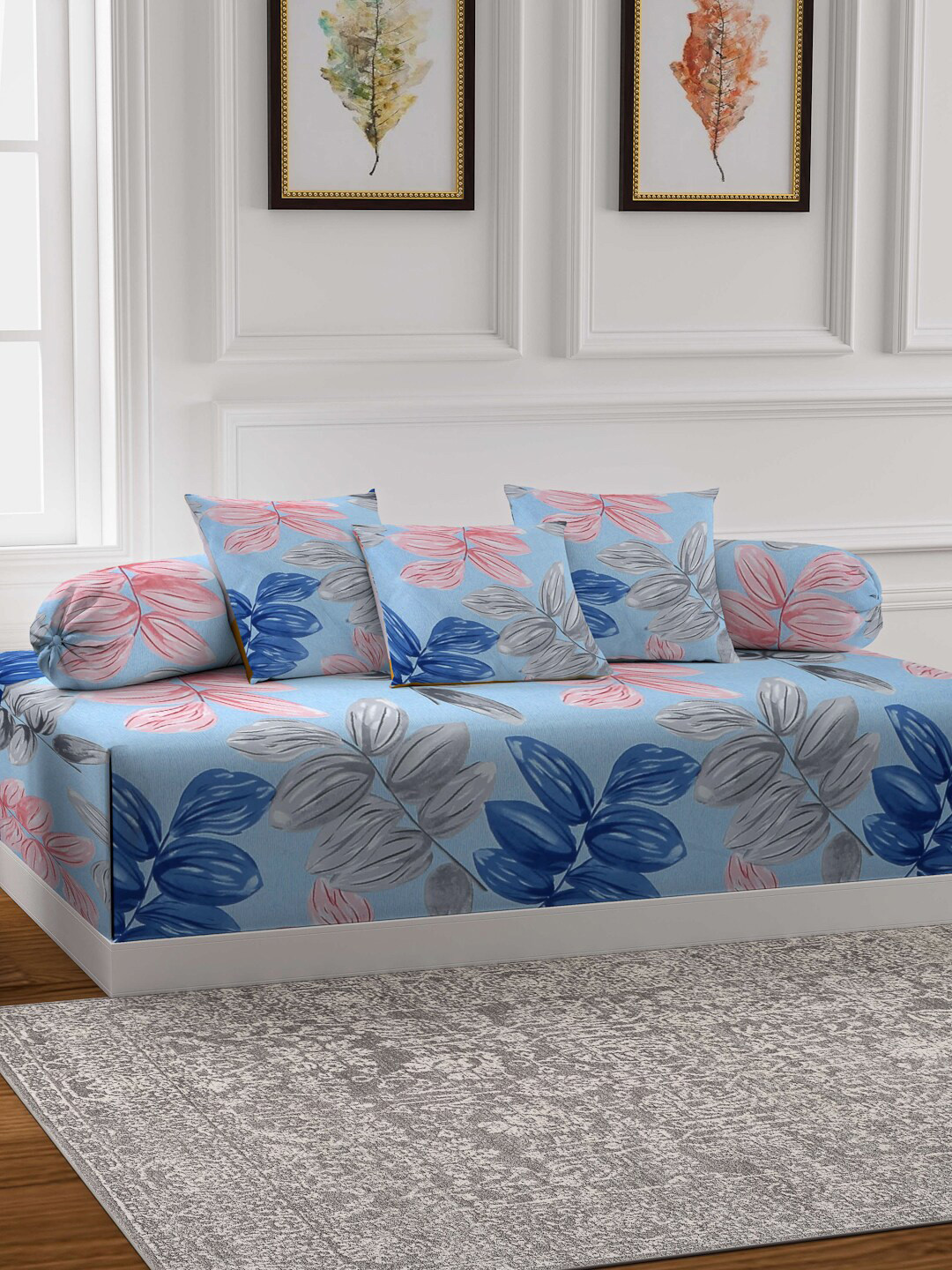Arrabi Blue Set of 6 Floral TC Cotton Blend Diwan Set