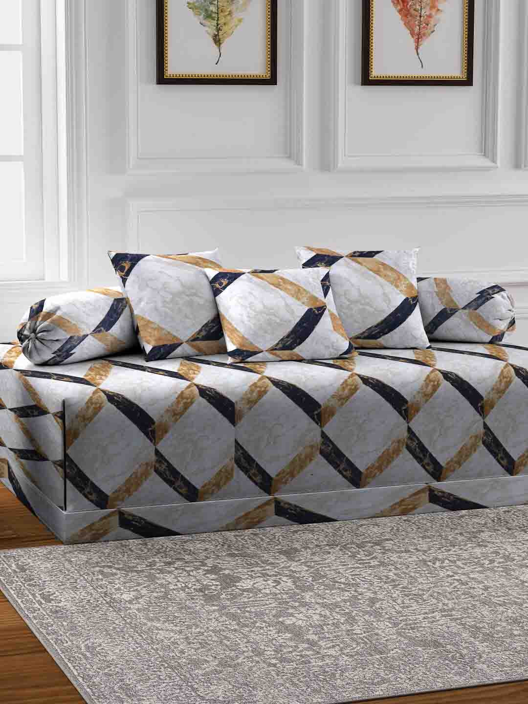 Arrabi Grey & Blue Set of 6 Geometric Print Diwan Set