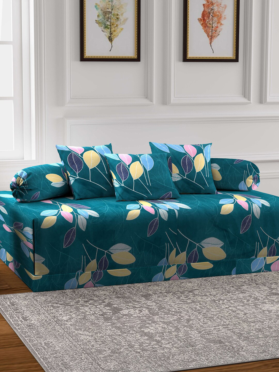 Arrabi Blue Set Of 6 Green Cotton Blend Diwan Set