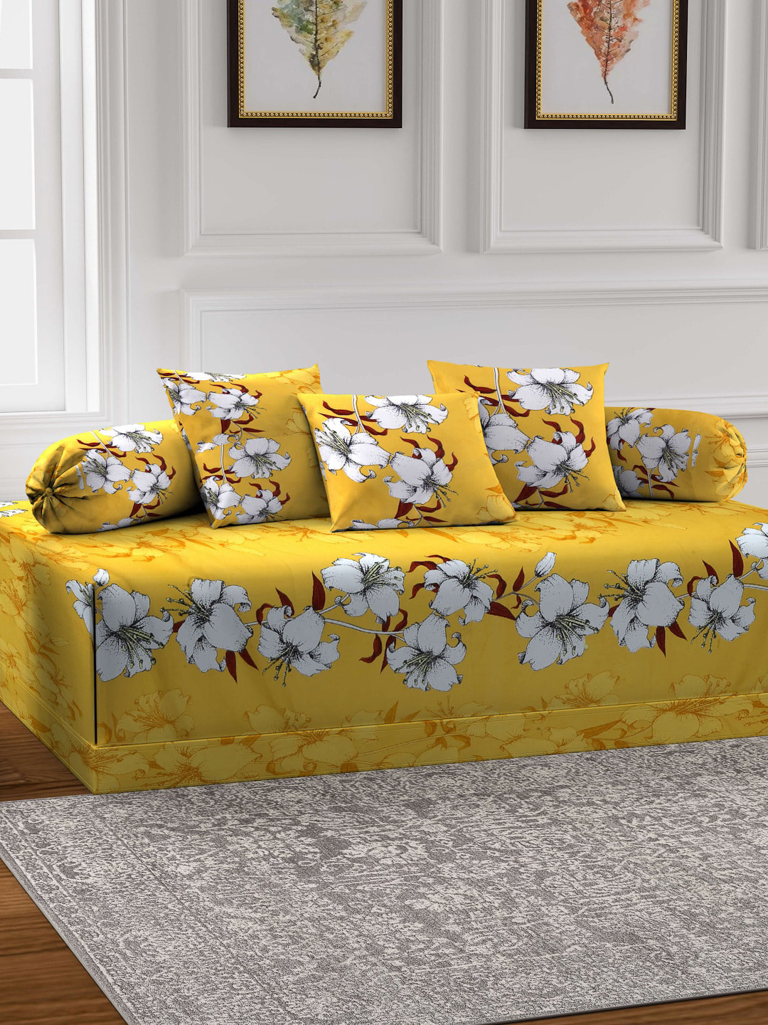 Arrabi Yellow Set of 6 Floral TC Cotton Blend Diwan Set