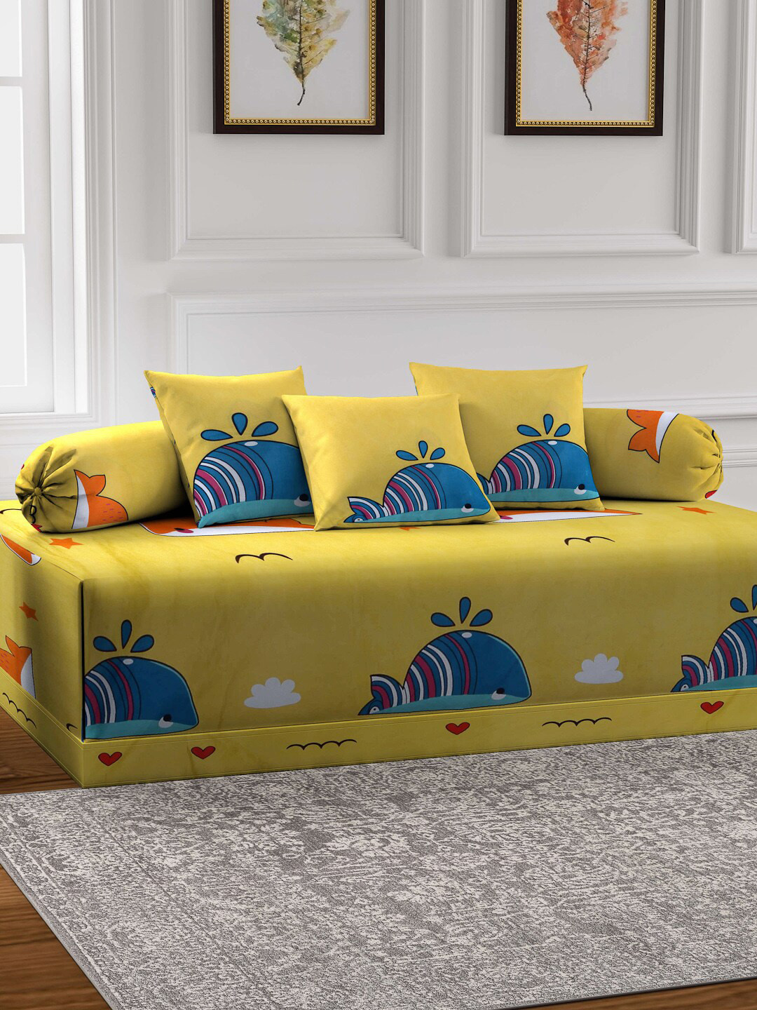 Arrabi Set of 6 Mustard Yellow Conversational Print Diwan Set with Bolster & Cushion Cover