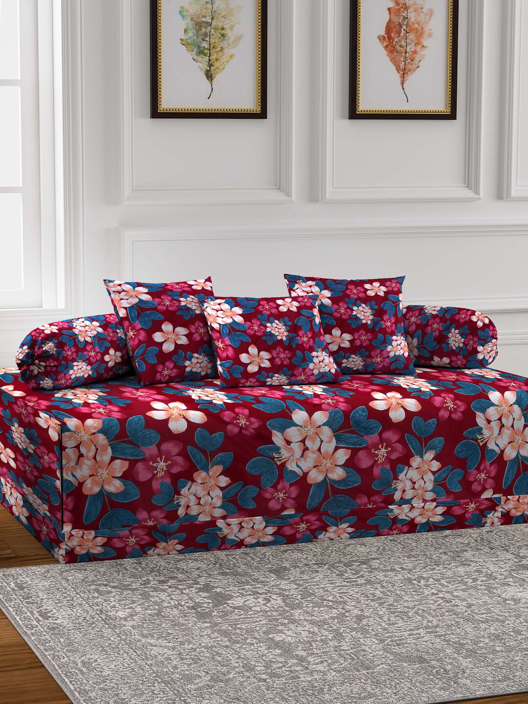 Arrabi Red & Blue Set of 6 Floral Print Diwan Set