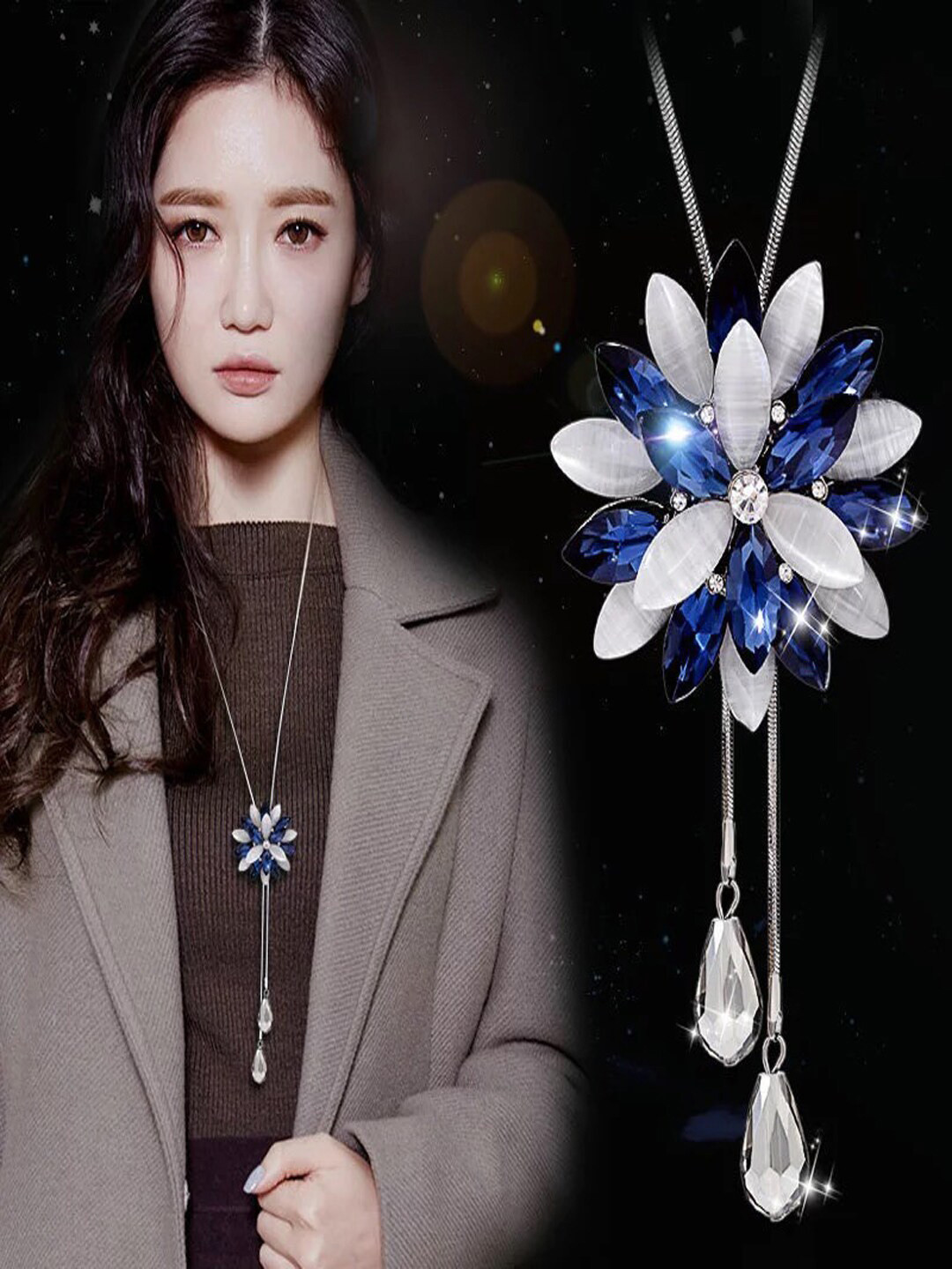 Shining Diva Fashion Silver-Toned & Blue Silver-Plated Necklace