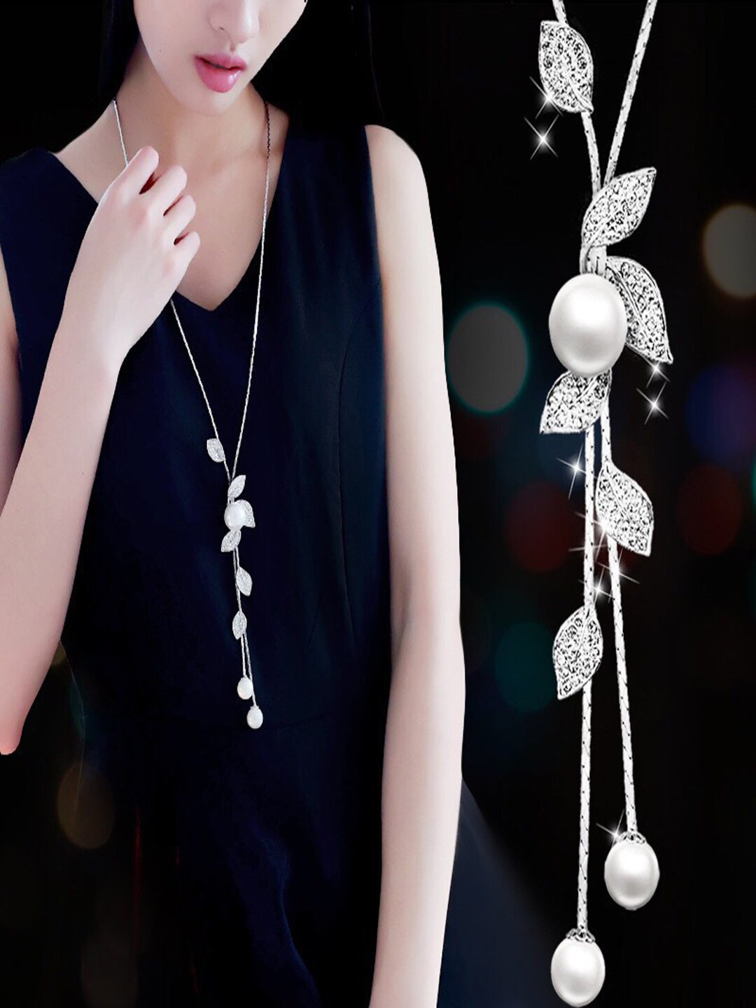 Shining Diva Fashion Silver-Toned Crystal Long Chain Pendant Necklace