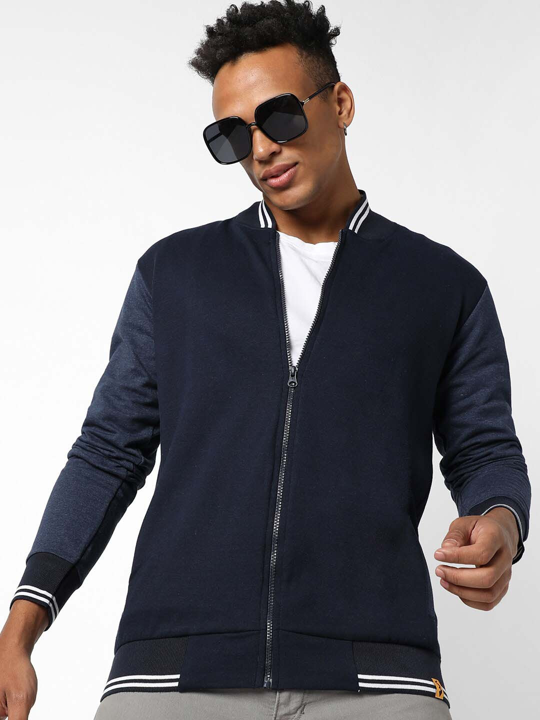 Campus Sutra Men Navy Blue Windcheater Varsity Jacket