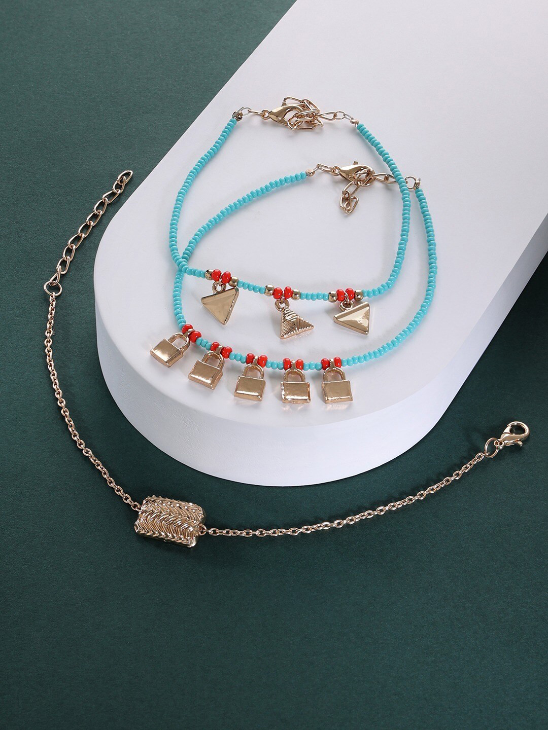 AMI Women Set Of 3 Gold-Plated & Turquoise Blue Antique Wraparound Bracelet