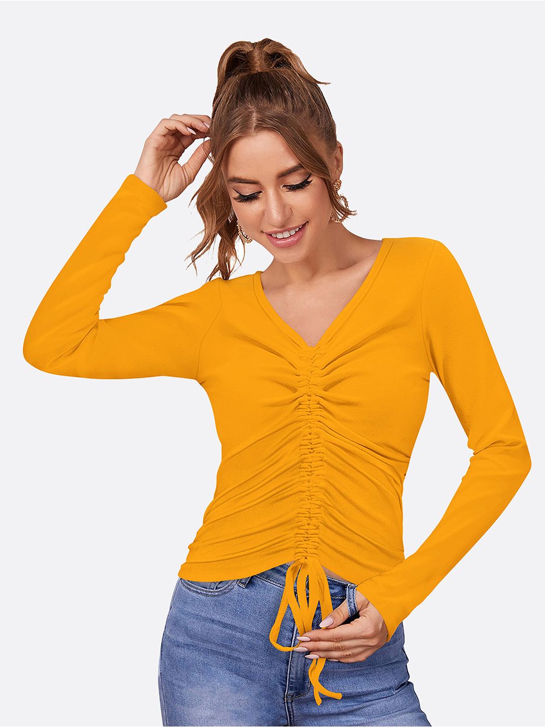 LONDON BELLY Women Yellow Solid V-Neck Regular Sleeves Top