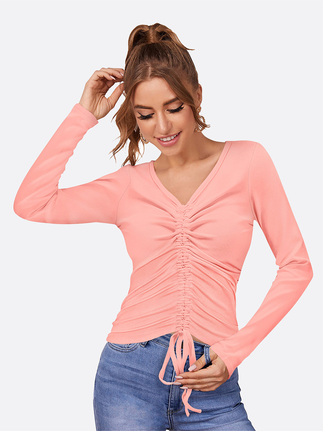 LONDON BELLY Women Peach-Coloured Solid V-Neck Long Sleeves Polyester Top
