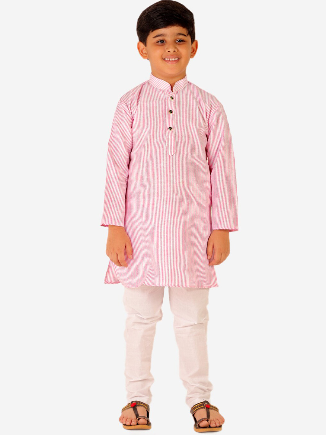 Pro-Ethic STYLE DEVELOPER Boys Pink And White Striped Pure Cotton Kurta With Pyjama