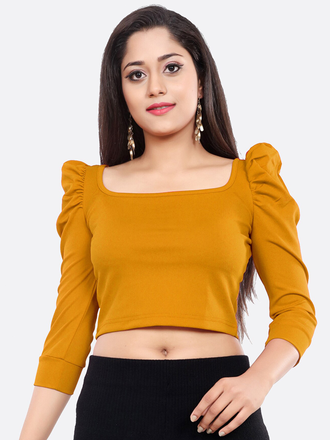 LONDON BELLY Yellow Solid Puff Sleeve Crop Top