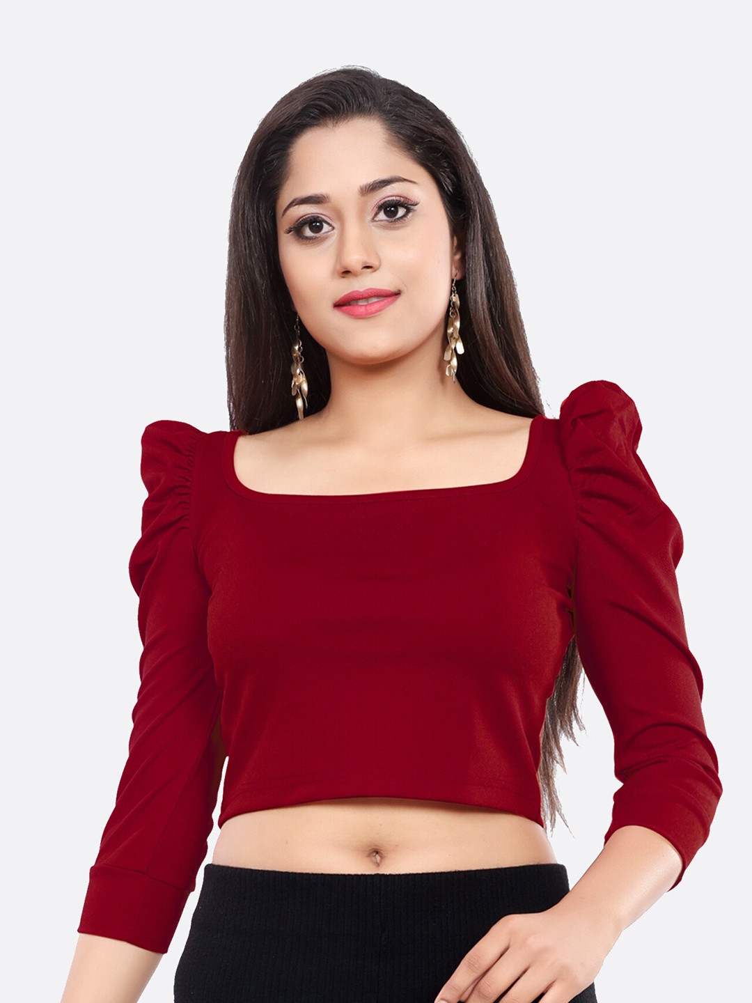 LONDON BELLY Maroon Puff Sleeve Crop Top