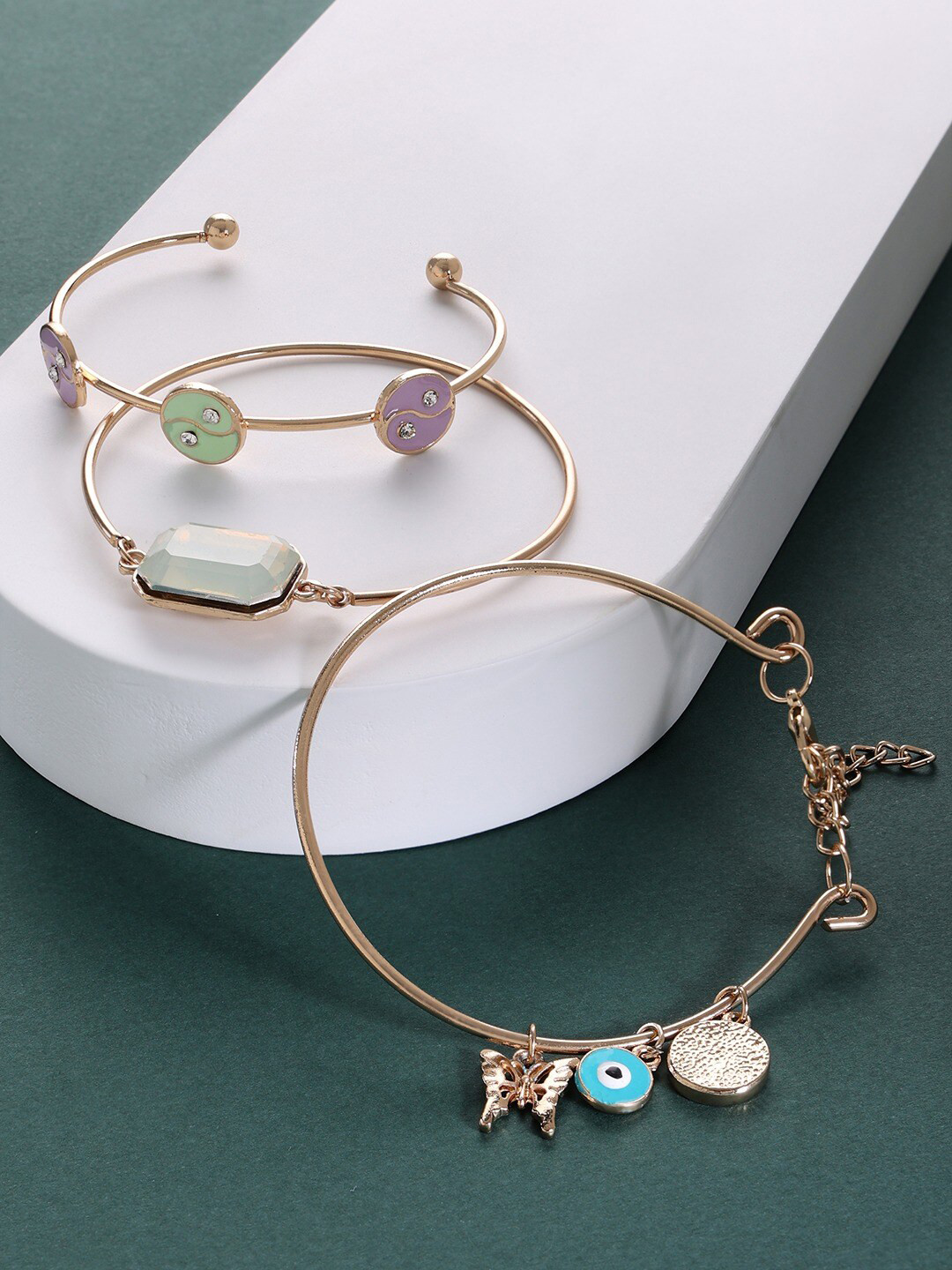 AMI Women Set of 3 Gold-Toned & Turquoise Blue Gold-Plated Bangle-Style Bracelets