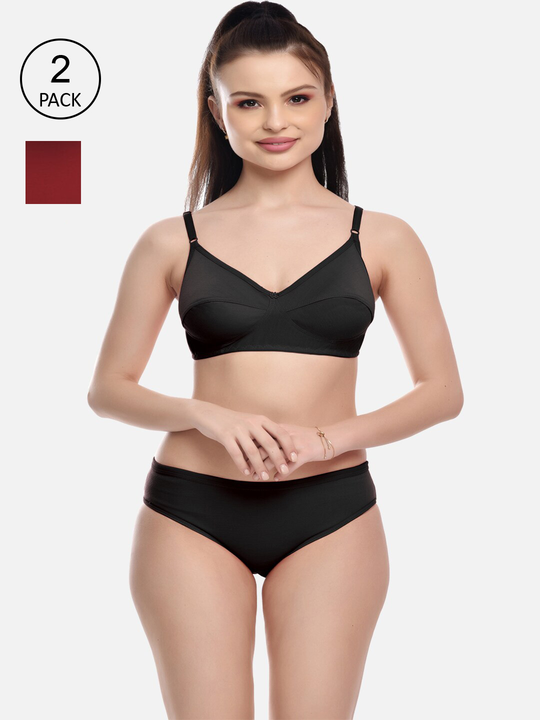 FIMS Pack of 2 Solid Cotton Lingerie Set MTR_Match_Bruno_Set_2_BlackMaroon_B-Multicolor