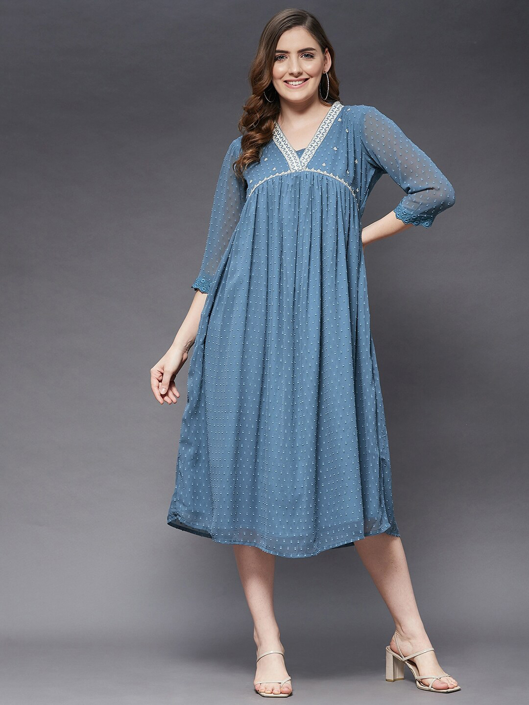 Azira Blue Ethnic Empire Midi Dress