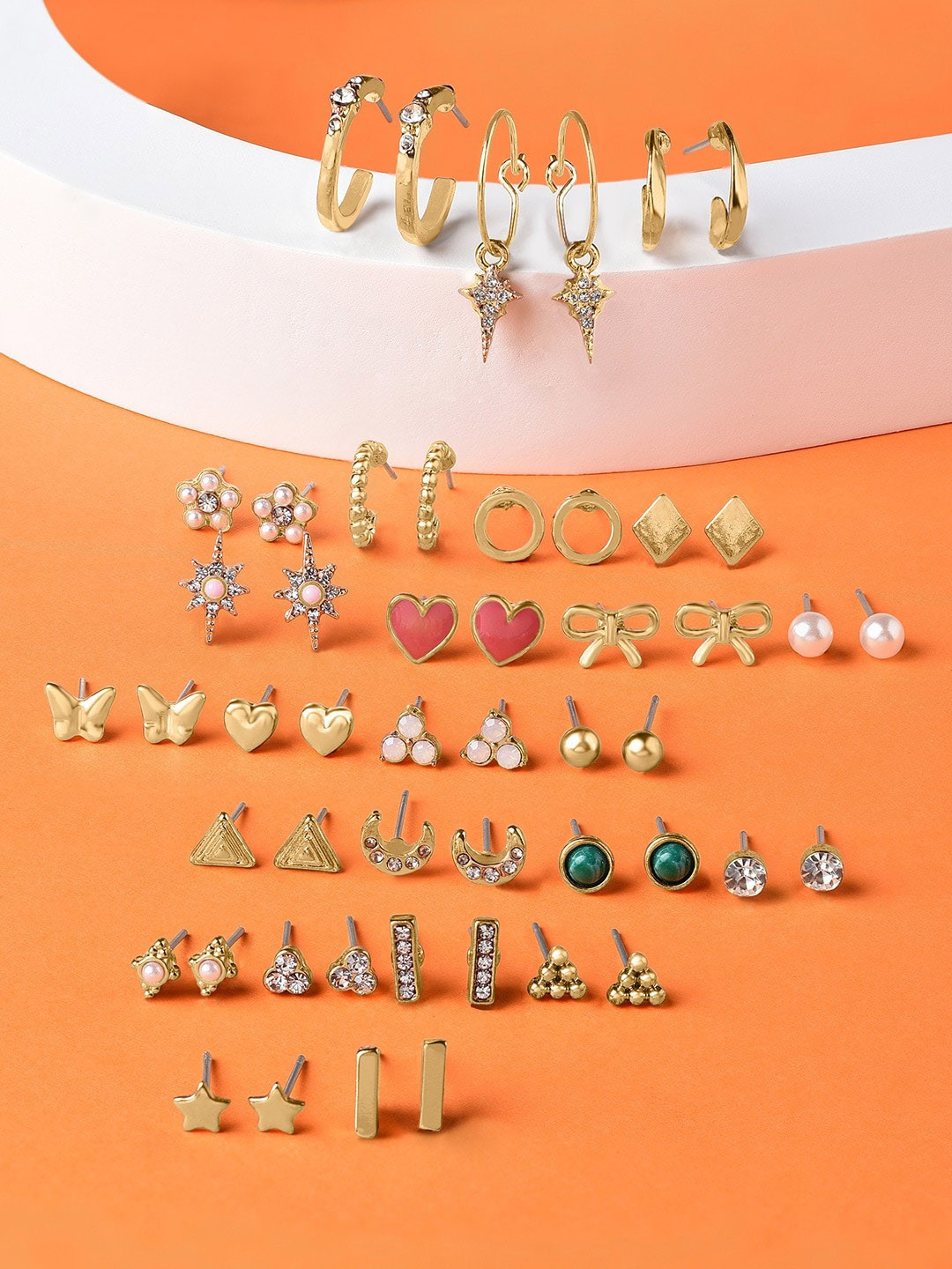 AMI Women Set of 25 White & Red Stone studded Gold-Plated Contemporary Studs