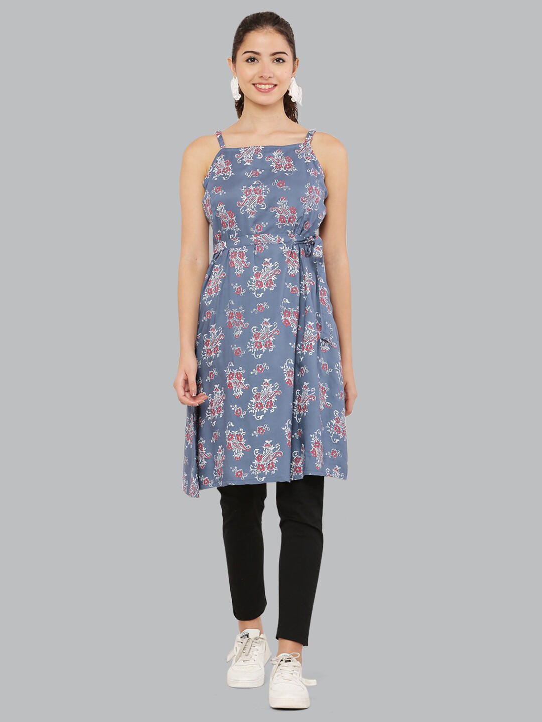 EZIS FASHION Grey Ethnic Motifs Printed Square Neck Kurti