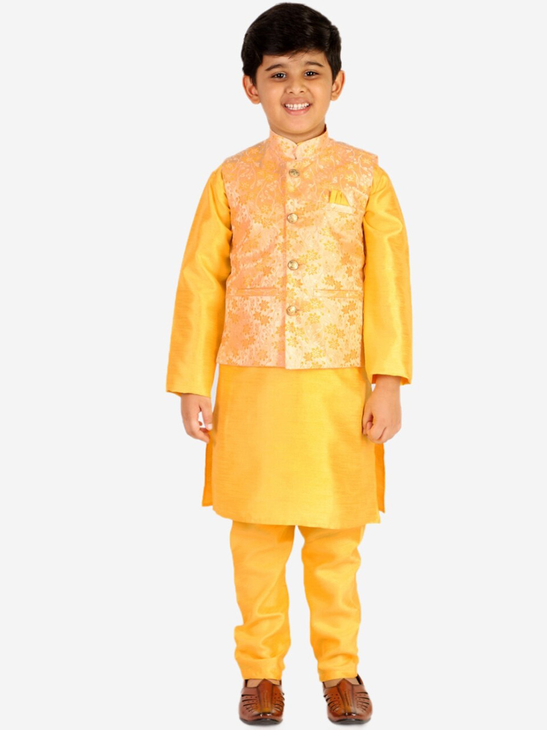 Pro-Ethic STYLE DEVELOPER Boys Yellow Kurta with Pyjamas & with Nehru Jacket