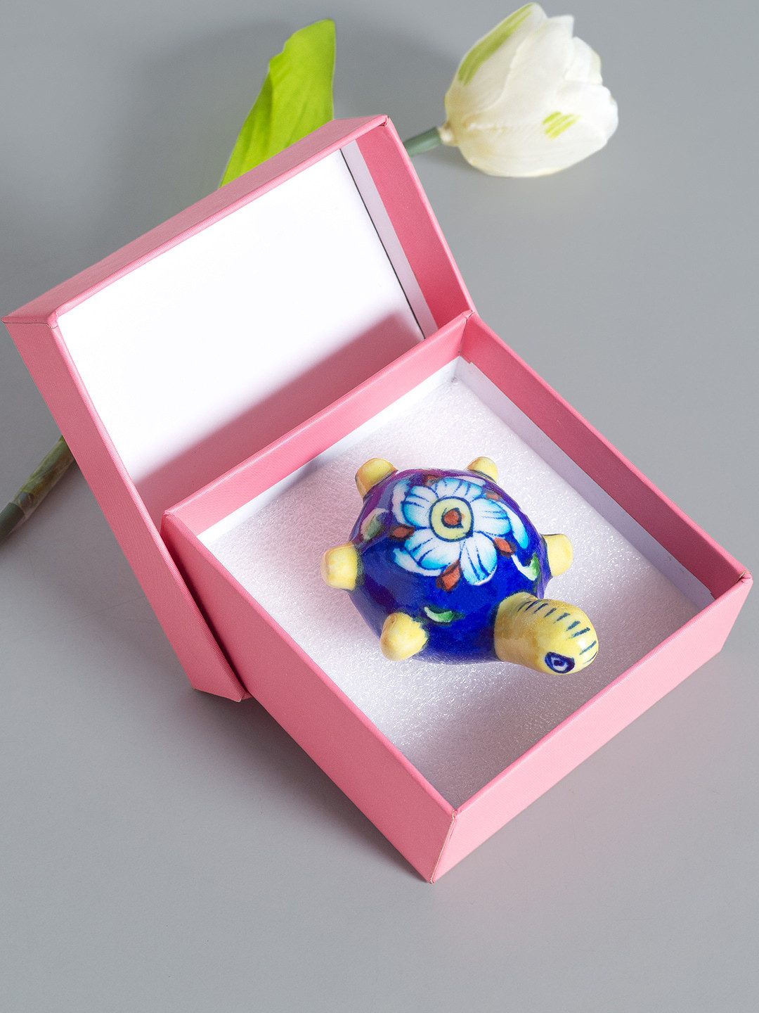 Golden Peacock Tortoise Blue Ceramic Glossy Living Room Hand-Painted Tiny Showpiece - 1.2 Inches