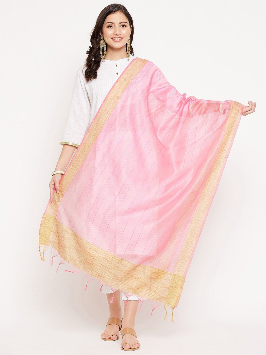 Clora Creation Pink & Gold-Toned Striped Dupatta
